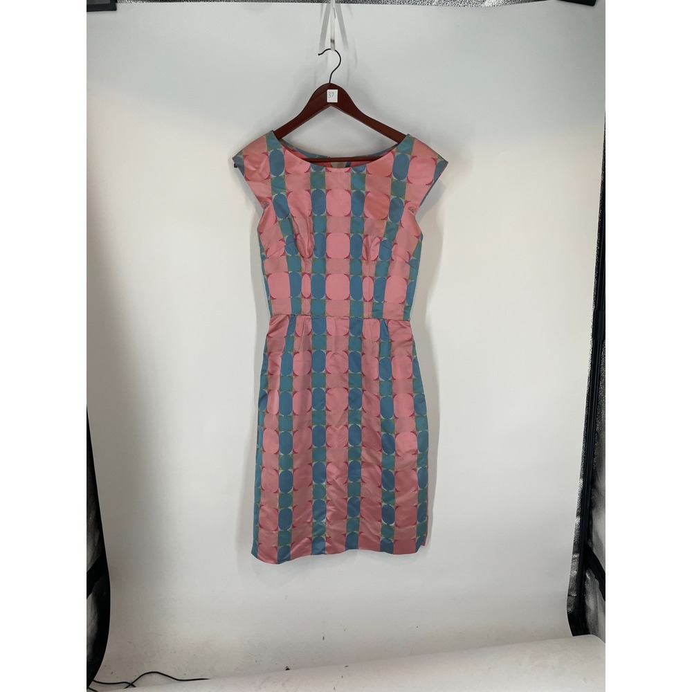 Modern Y2K Geometric Boat Neck Sheath Dress Pink Blue Size L Sleeveless Knee